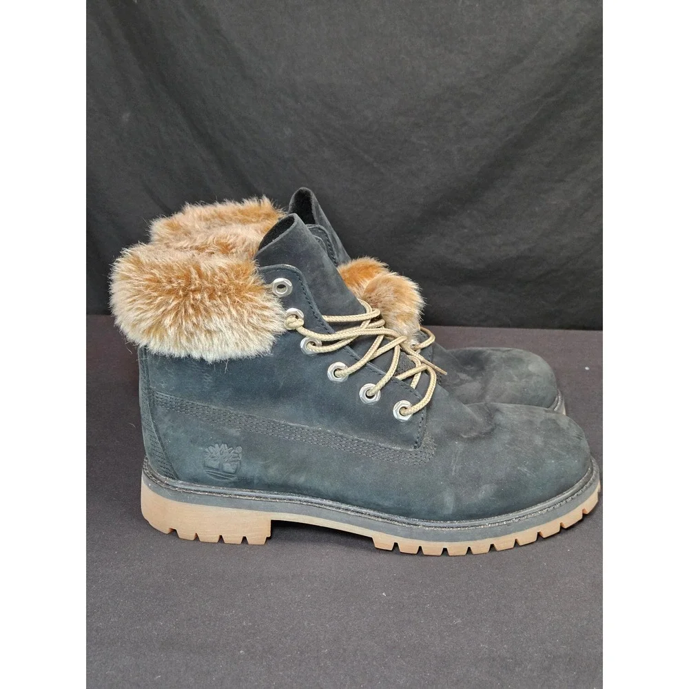 Timberland 6 Inch Black Nubuck Faux Fur Trim Insulated Winter Boots‎ Mens 6
